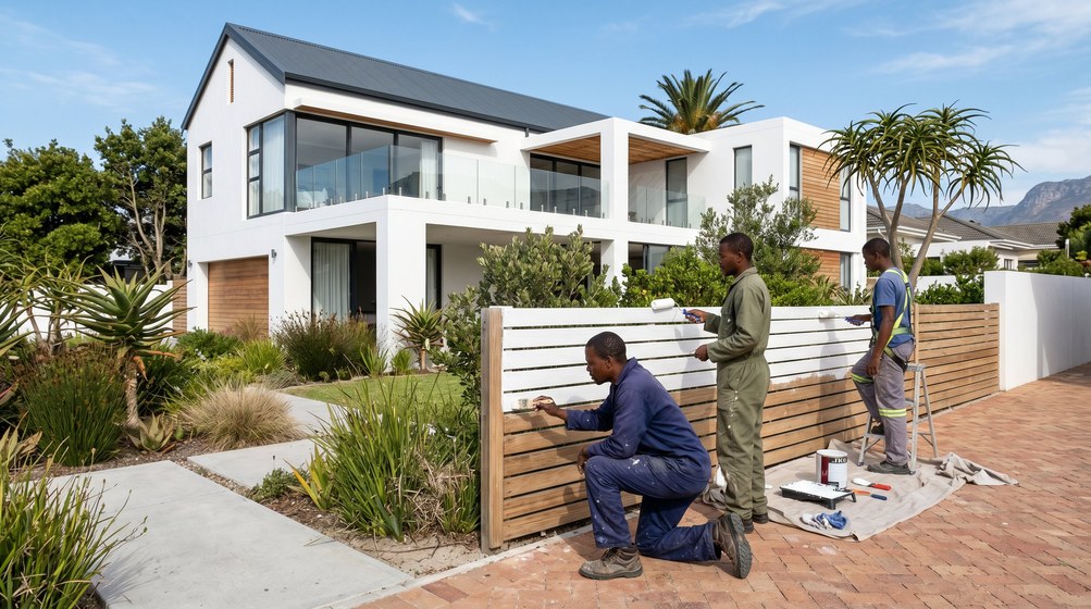 Professional fence painters painting a wooden fence at a coastal home in Sunset Beach