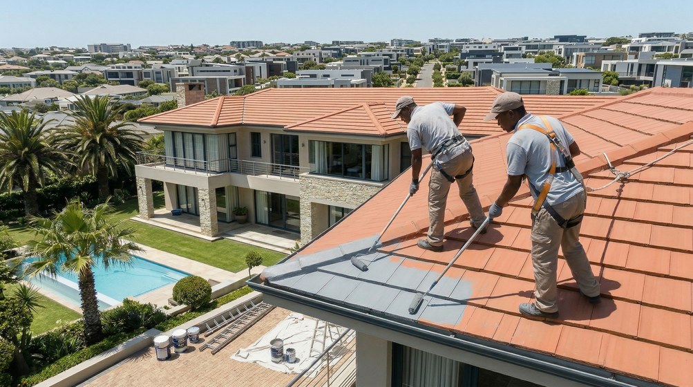 Professional roof painters applying waterproof coating to tiled roof in Sunset Beach