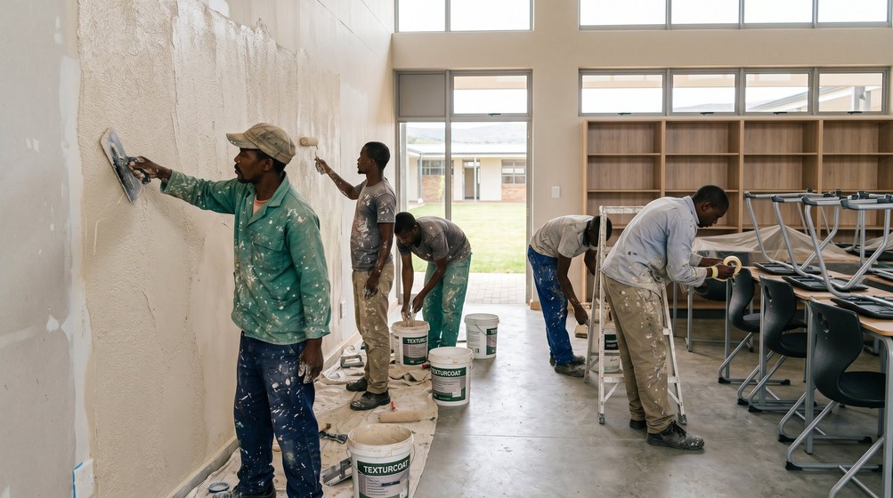 Professional texture coating team applying Texturcoat to interior walls in Sunset Beach