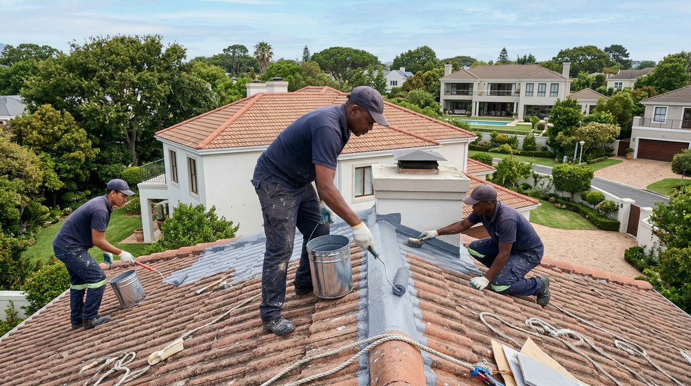 Professional waterproofing team applying membrane to roof in Sunset Beach