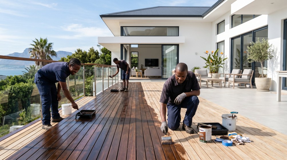 Professional wood staining team applying deck stain overlooking the ocean in Sunset Beach